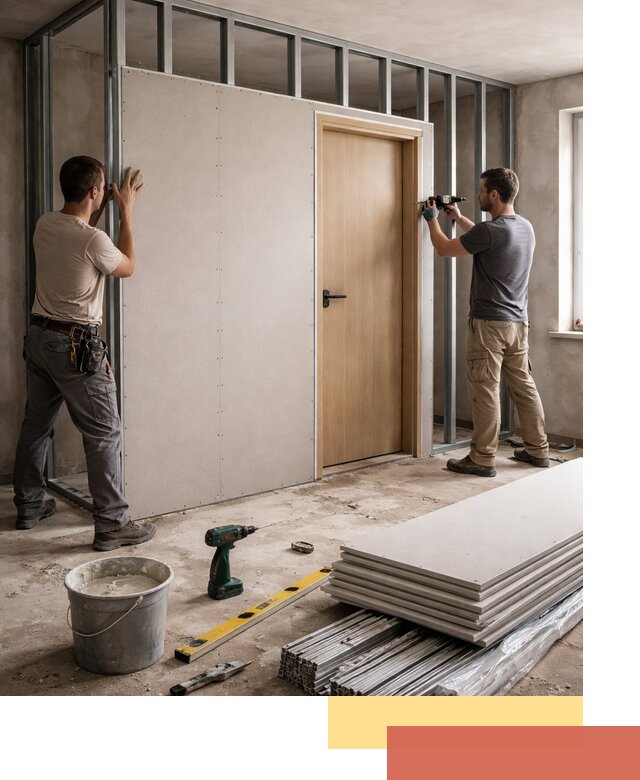 Перегородка из гипсокартона с дверью под ключ в Стрежевом