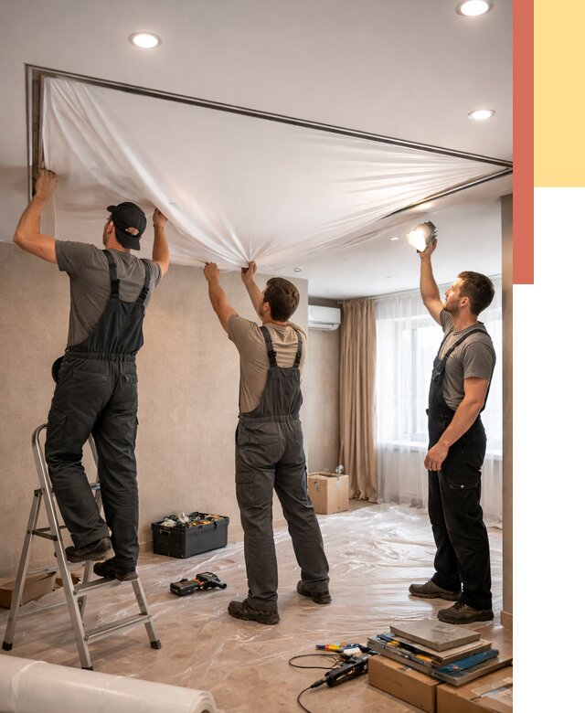 Монтаж ПВХ натяжного потолка в Стрежевом от 3568 руб. под ключ | ОТДЕЛОЧНИК-Стж