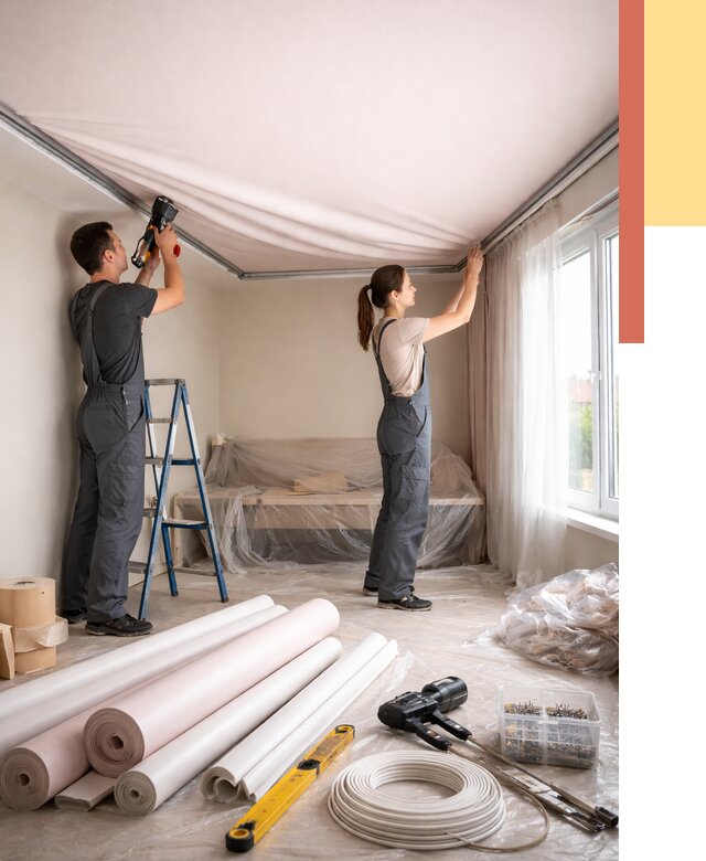 Монтаж цветного натяжного потолка в Стрежевом от 4282 руб/м² — быстро и недорого | ОТДЕЛОЧНИК-Стж