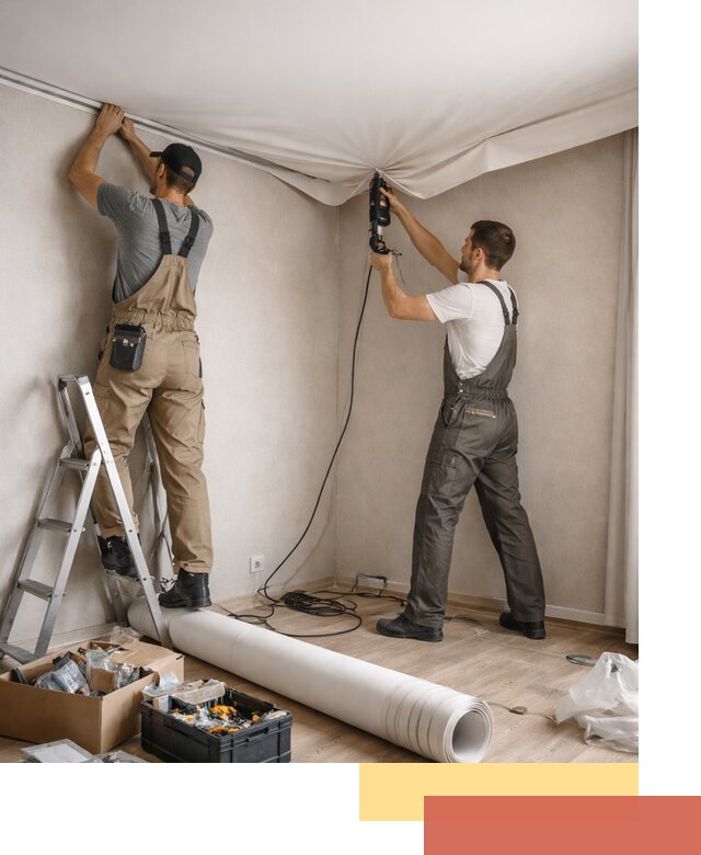 Монтаж цветного натяжного потолка в Стрежевом за один день