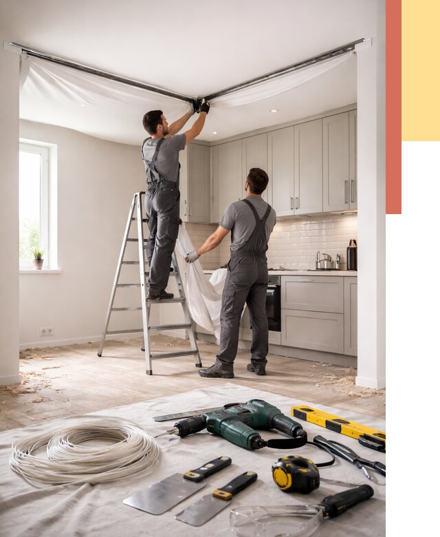 Установка натяжного потолка на кухне в Стрежевом от 2447 руб. | ОТДЕЛОЧНИК-Стж