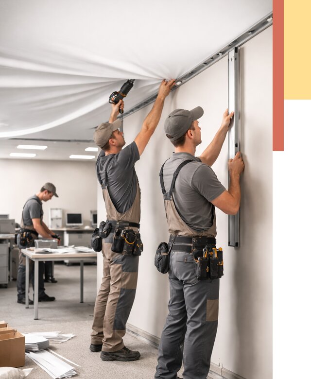 Монтаж натяжного потолка в офисе в Стрежевом от 459 руб/м² — быстро и недорого | ОТДЕЛОЧНИК-Стж