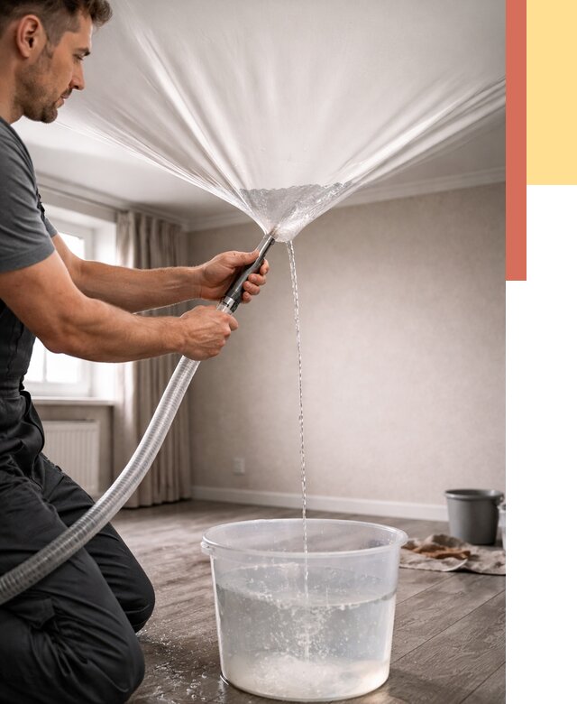 Слив воды с натяжного потолка в Стрежевом от 2549 руб. быстро и недорого | ОТДЕЛОЧНИК-Стж